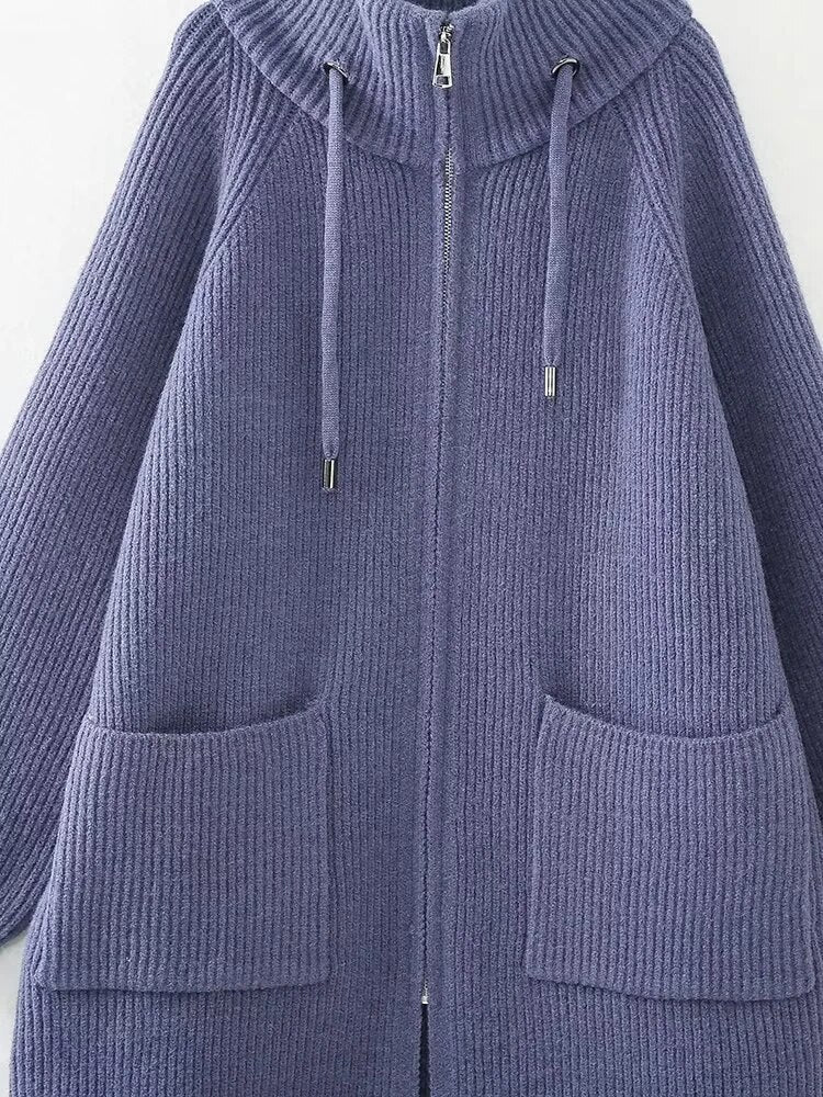 Za-High quality 2024 autumn and winter zipper knitted cardigan top sweater jacket. Women's thickened stand collar warm sweater