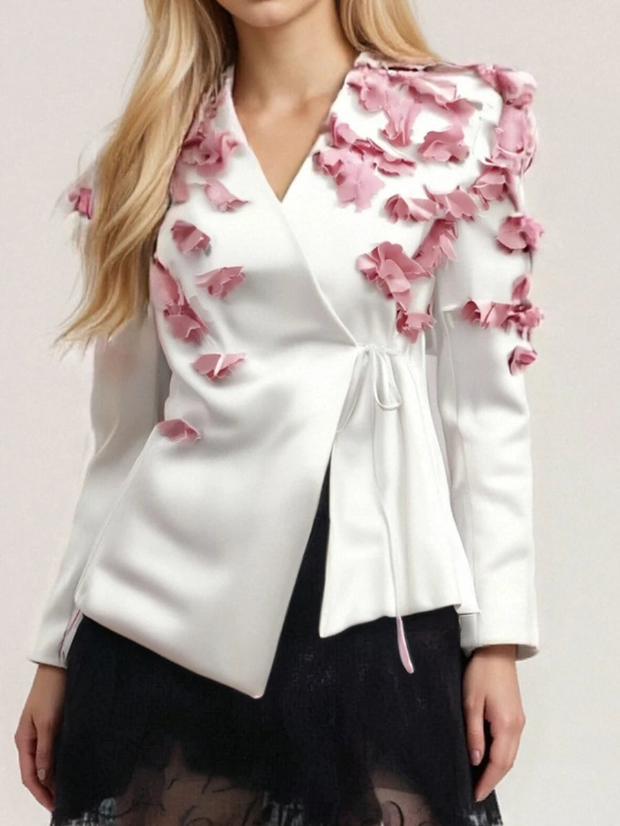 Spliced Petal Two Piece Sets for Women V Neck Long Sleeve Patchwork Lace Up Top High Wasit Skirt Elegant Set Female