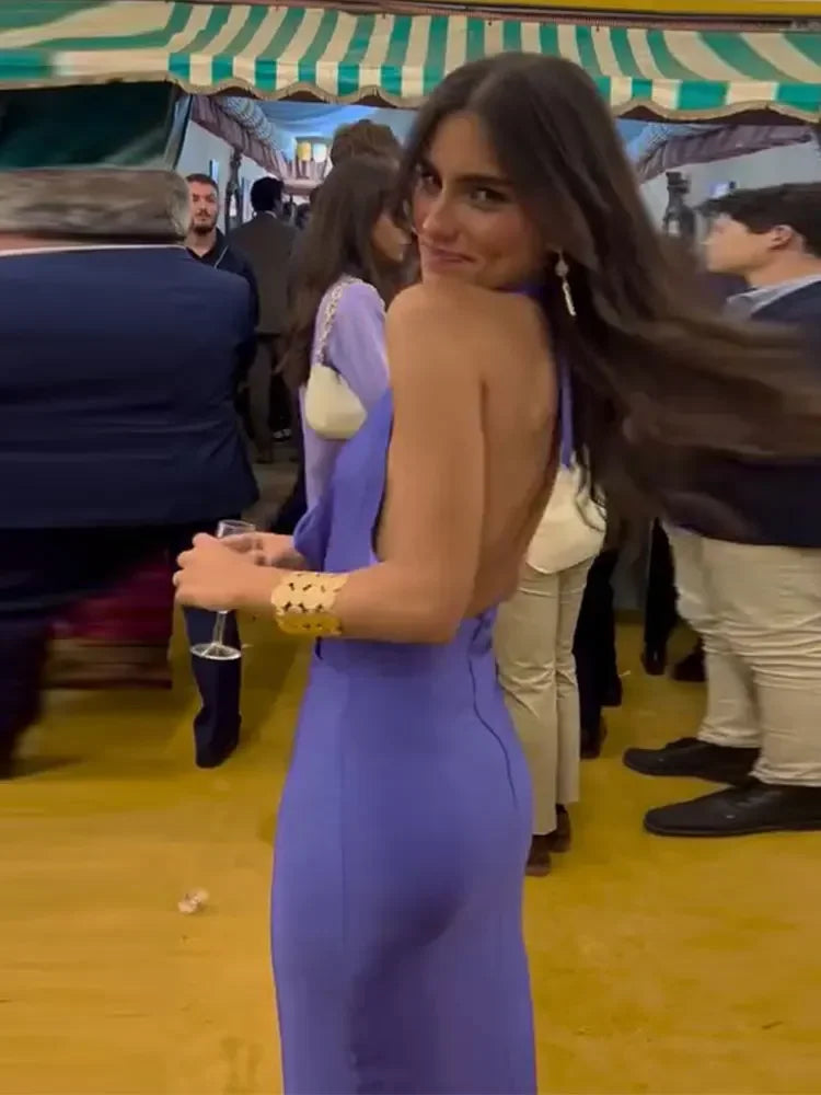 Elegant Purple Halter Lace Up Bodycon Midi Dress Women Sexy Blackless Sleeveless Side Split Robes Chic Summer Lady Party Dresses