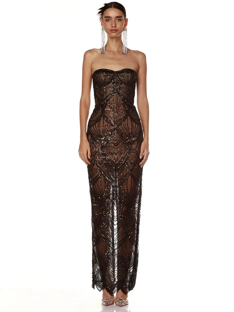 Luxury Sequins Beaded Party Dress Sexy Strapless Glitter Patchwork Mesh Sleeveless Evening Party Club Dress Vestido