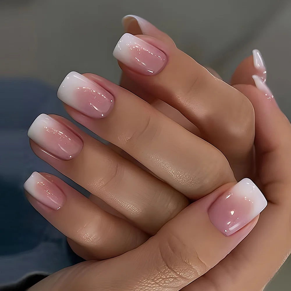 24pcs/set short Medium square fake nails for women gradient nude pink flowers french almond summer tips press on false nail art 2179