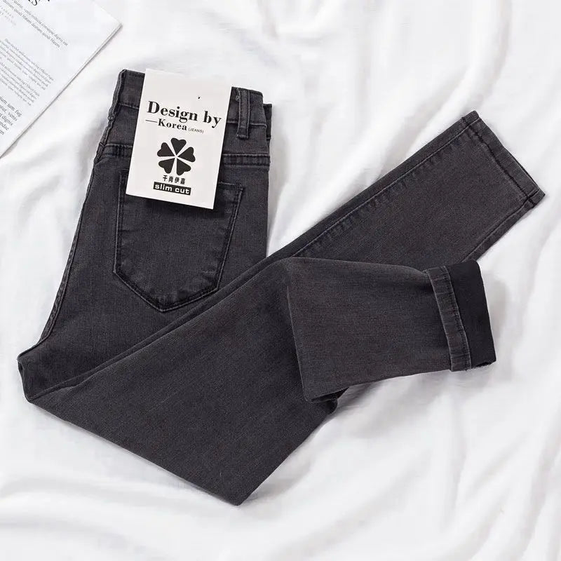 New Spring Autumn Season Blue Pencil Jeans Womens Mid Waist Skinny Vaqueros Fashion Plush Denim Capris Slim Jean Trousers Black gray