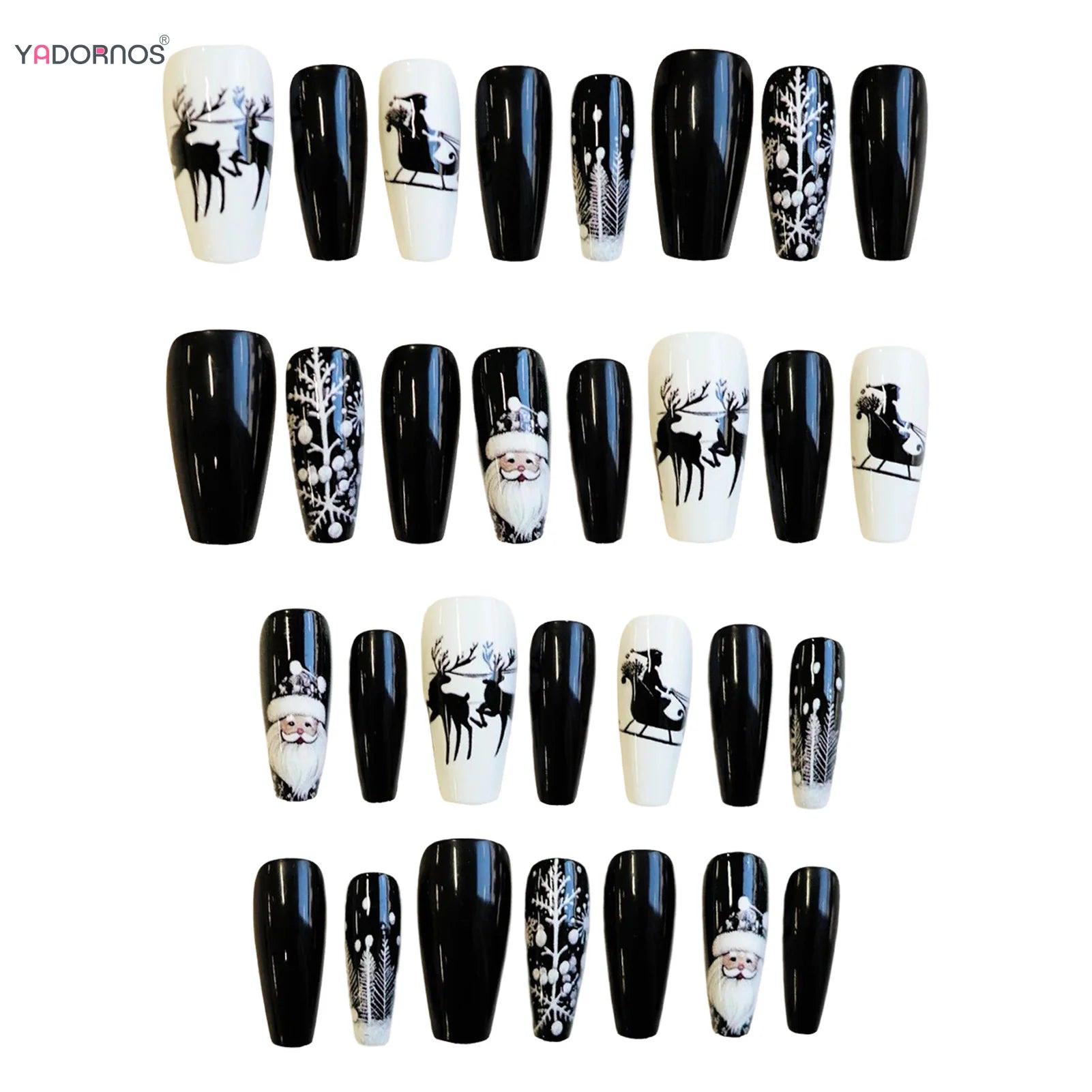 24Pcs Black/White False Nails Medium Length Coffin Christmas Nails Press On Full Cover Acrylic False Nails Santas/Deer Printed