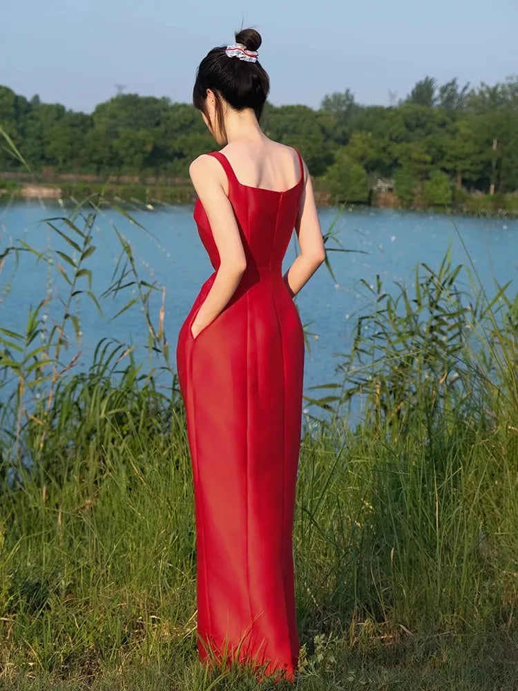 Lautaro Spring Summer Autumn Praty Birthday Evening Dresses Woman Elegant Luxury Red Prom Spaghetti Strap Satin Maxi Dress 2025