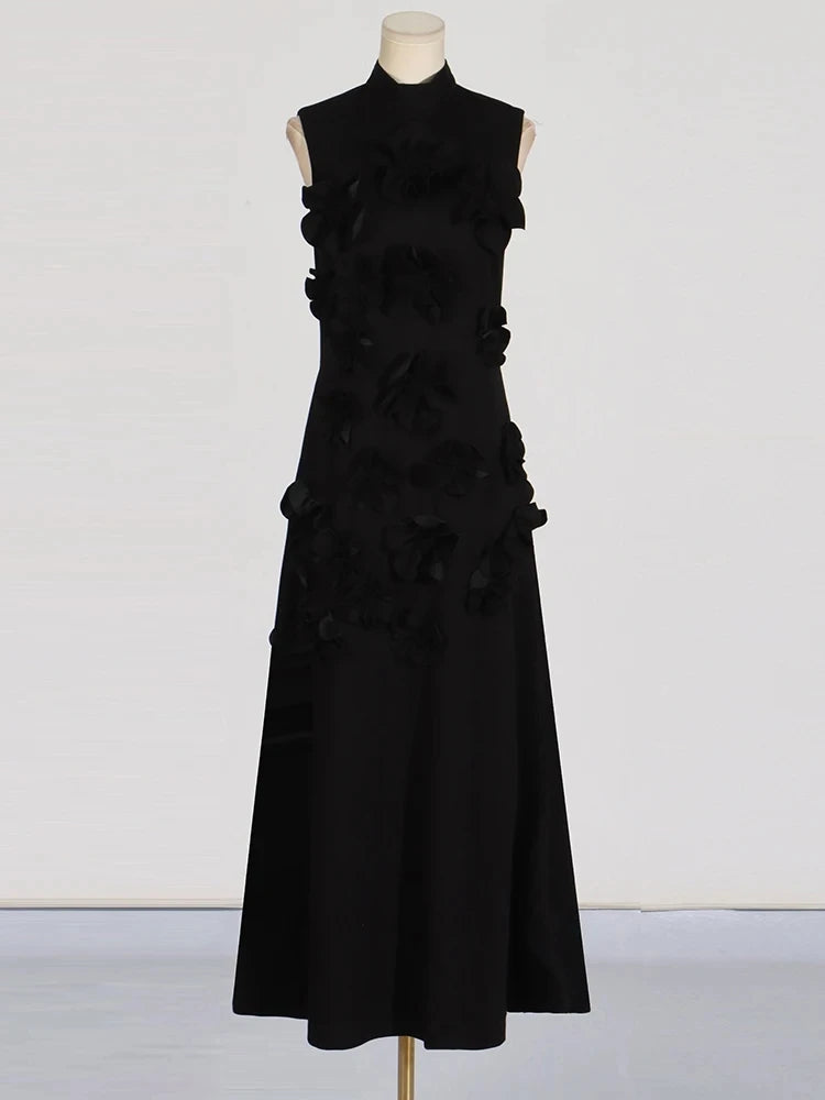 Patchwork Lace Up A Line Dress For Women Stand Collar Sleeveless High Waist Spliced Appliques Slim Dresses Female BLACK