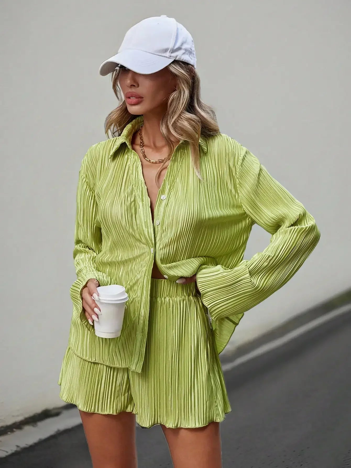 Causal Green Pleat Lapel Women Shorts Suits Fashion Long Sleeve Single Breasted Shirts 2 Piece Sets Female Summer Street Outfits Green