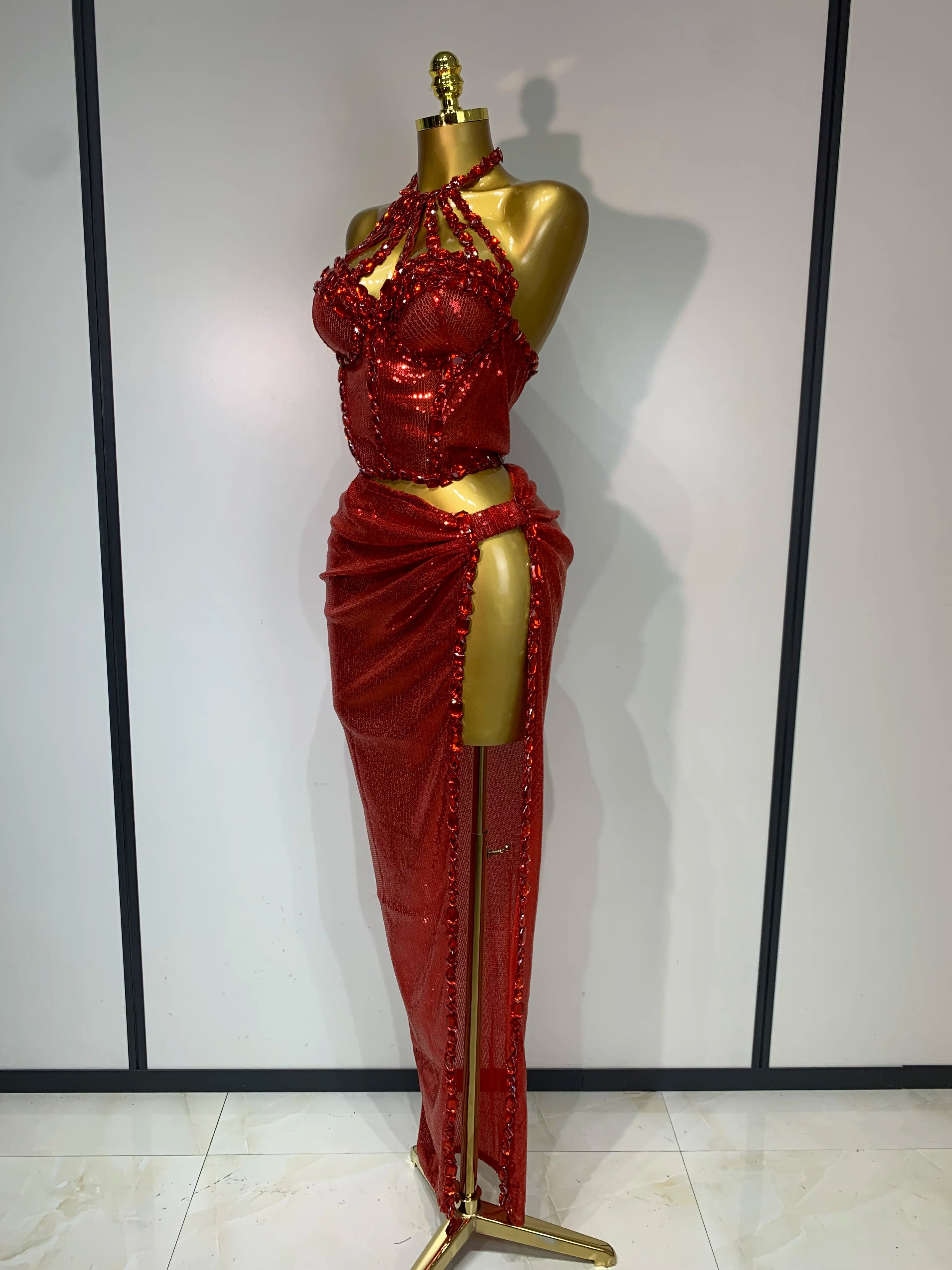 Sexy Backless Shiny Diamond Two Piece Set 2025 Women Elegant Evening Party Luxury Birthday Nightclub Singer Stage costume