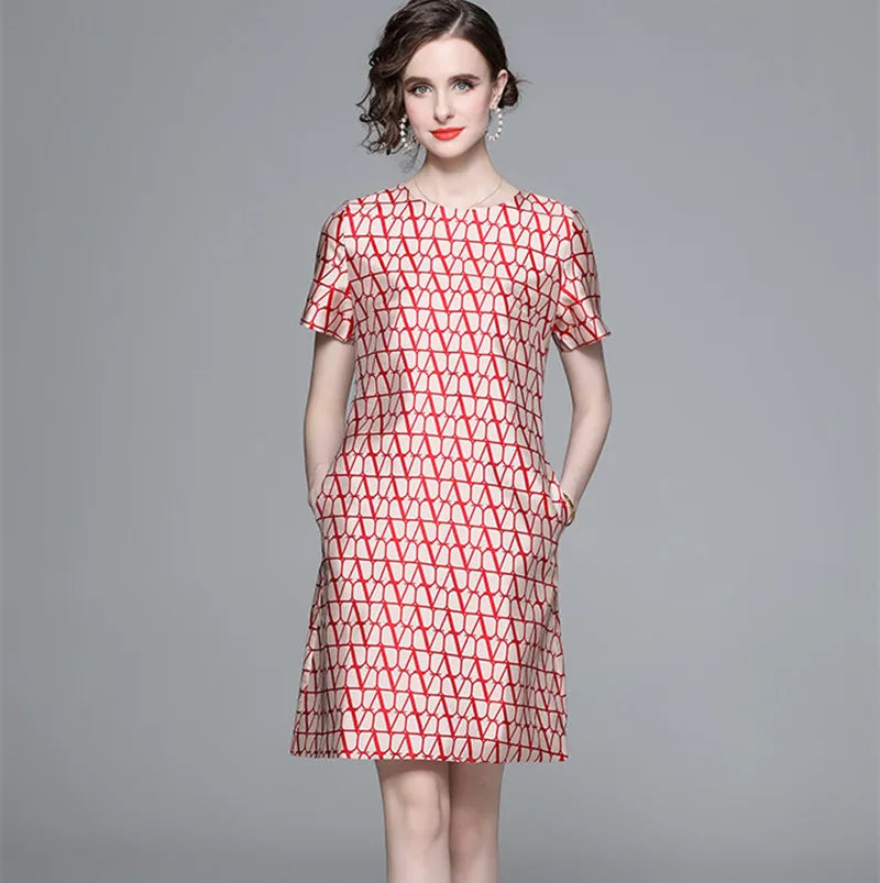 New Fashion Geometry Jacquard Short Sleeve Summer Dress Chic Elegant Temperament A-line Round Neck Dress Women Vestidos
