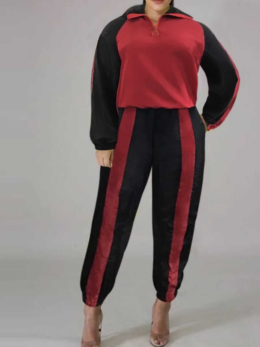 4XL 5XL LW Plus Size Striped Patchwork Zipper Design Pants Set Autumn&Winter Women Mandarin Collar Pocket Tracksuit Set