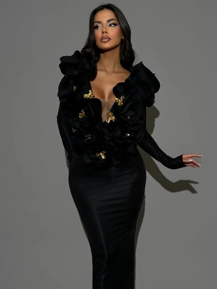 Chic Women Celebrity Sexy Deep V Neck Flower Black Maxi Long Bandage Bodycon Dress 2025 Elegant Evening Club Party Outfit black