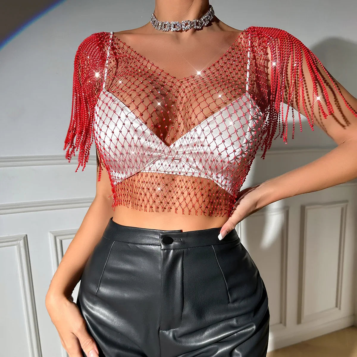 Women's Sexy V-neck Rhinestone Short Crop Top Blink Crystal Tassel Fringe Shoulder Decor Diamond Fishnet Shirt Red