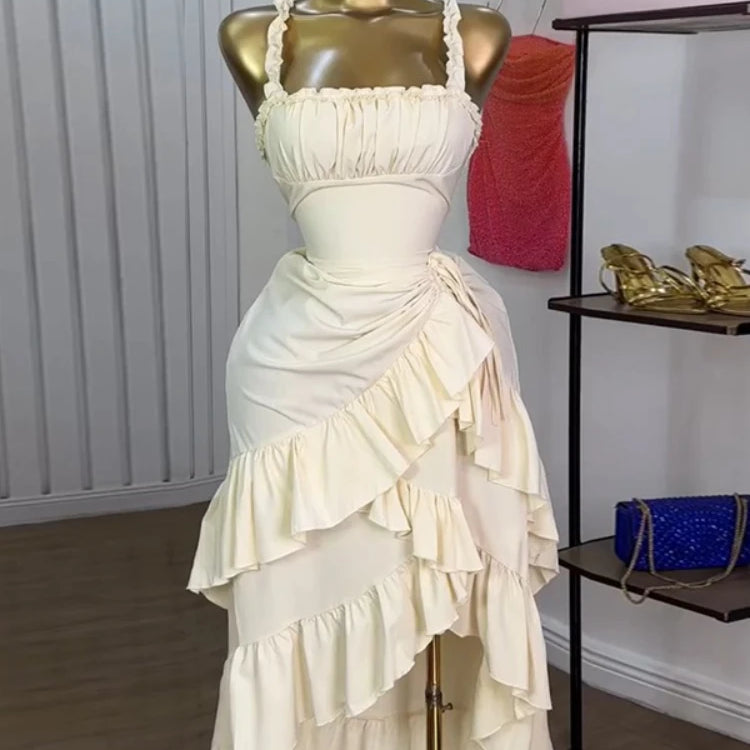Women Strap Slash Neck Cascading Ruffles Drawstring Ruched Up Long Maxi Dress 2025 Birthday Evening Sexy Dresses Vestido