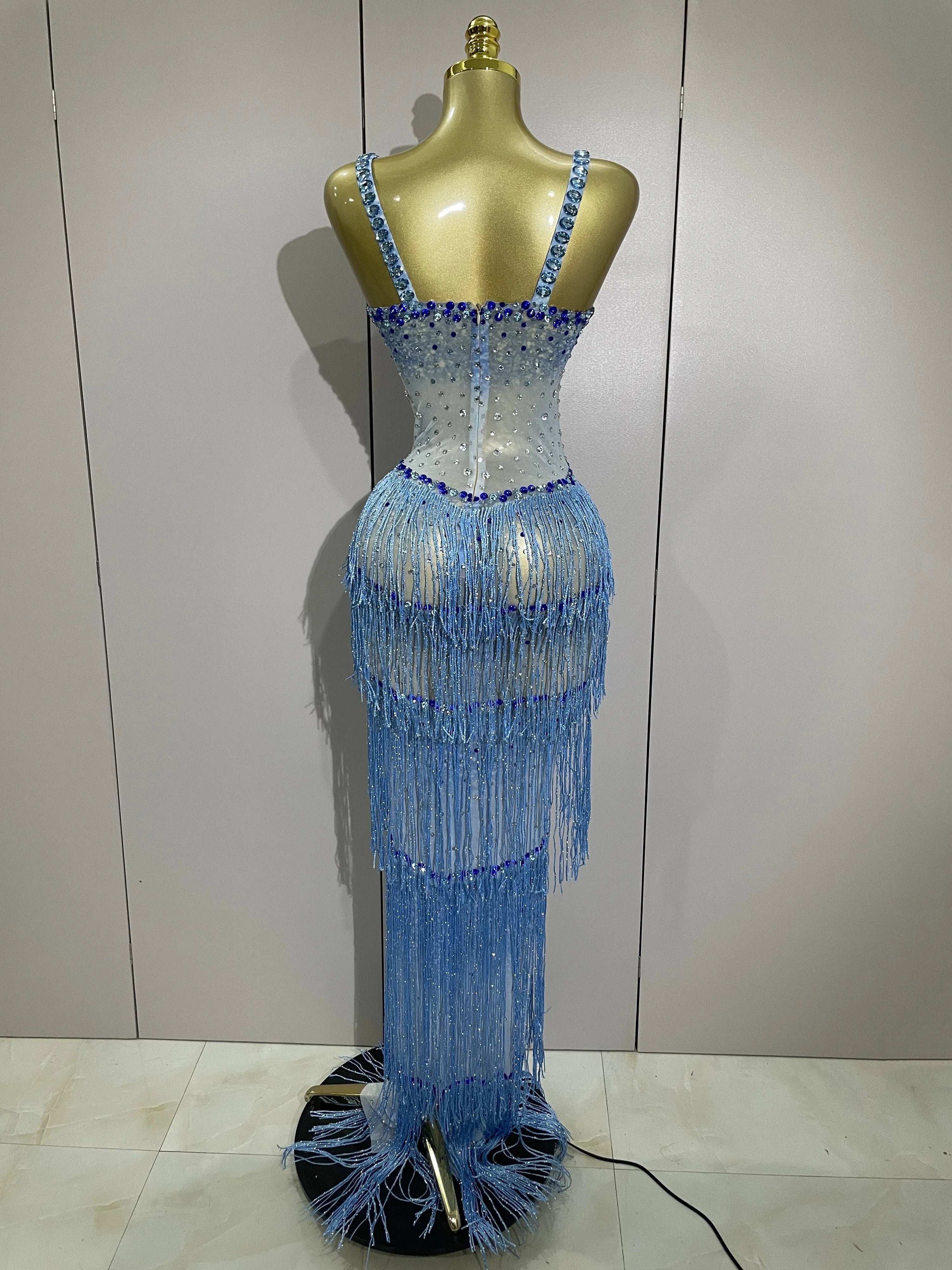 2025 Sparkly Rhinestones Tassel sexy Mesh Slip Long Dress Women Celebrate Evening Prom Birthday paty Dress Photoshoot Stage Wear