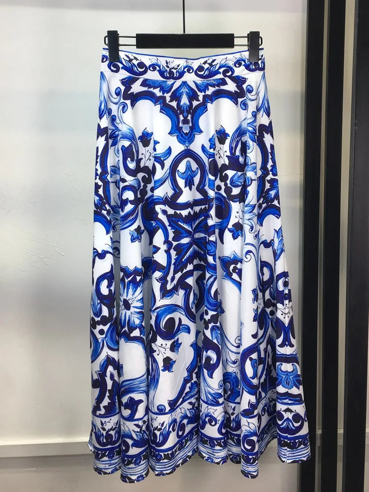 Summer Holiday Blue And White Porcelain Two Piece Set Women's Spaghetti Strap Padded Cup Zipper Print Short Top+Long Skirt Suits