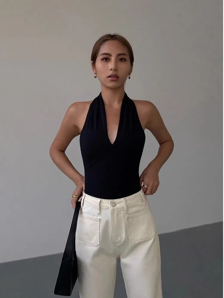 Black Spicy Girl Deep V-Neck Top For Women'S Summer Design With Hanging Neck And Strap, Open Back Sleeveless Top