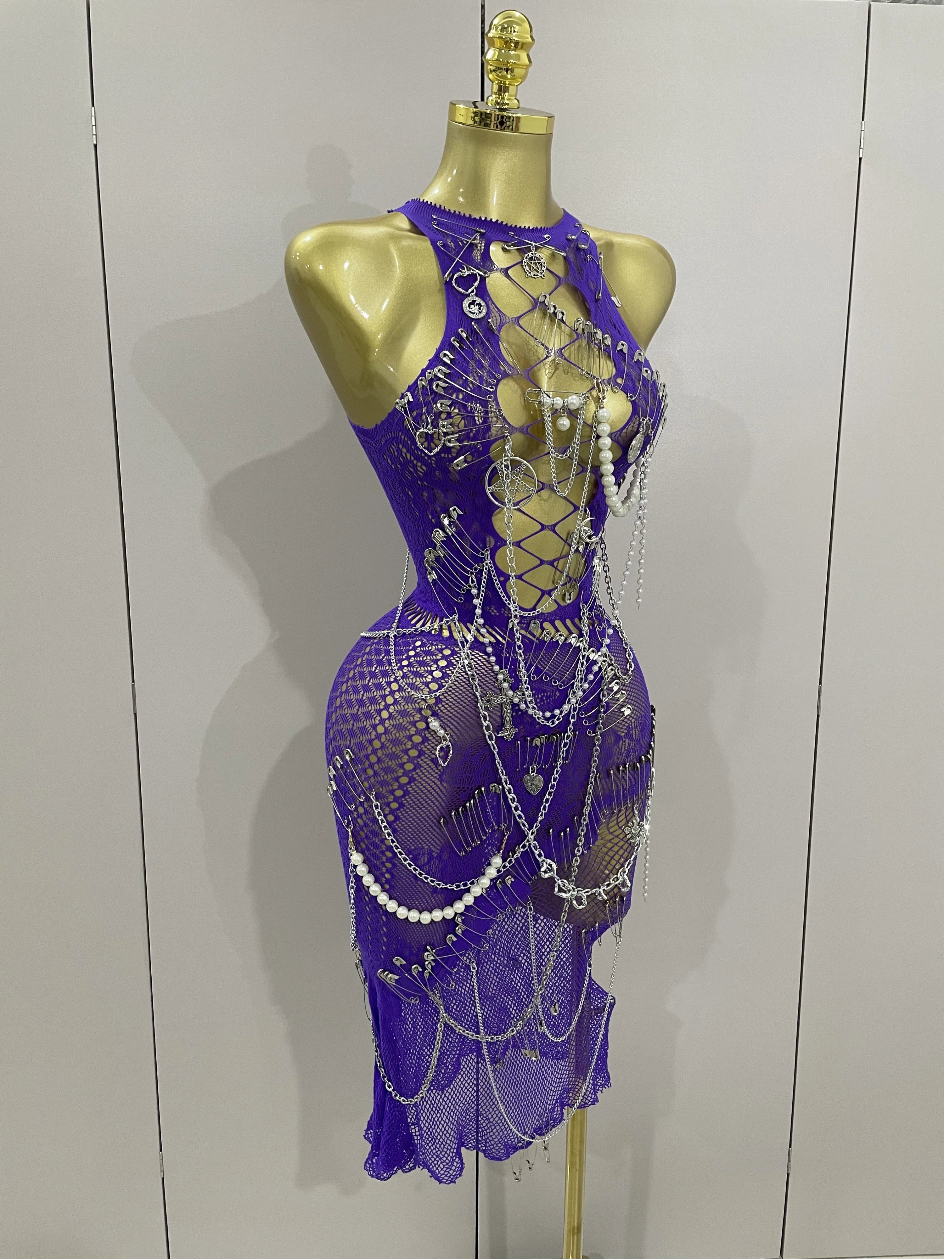 Sexy Black See-Through Pin Decoration Chain Beading Short Dress 2025 Women Birthday Evening Party Nightclub Performance Costume