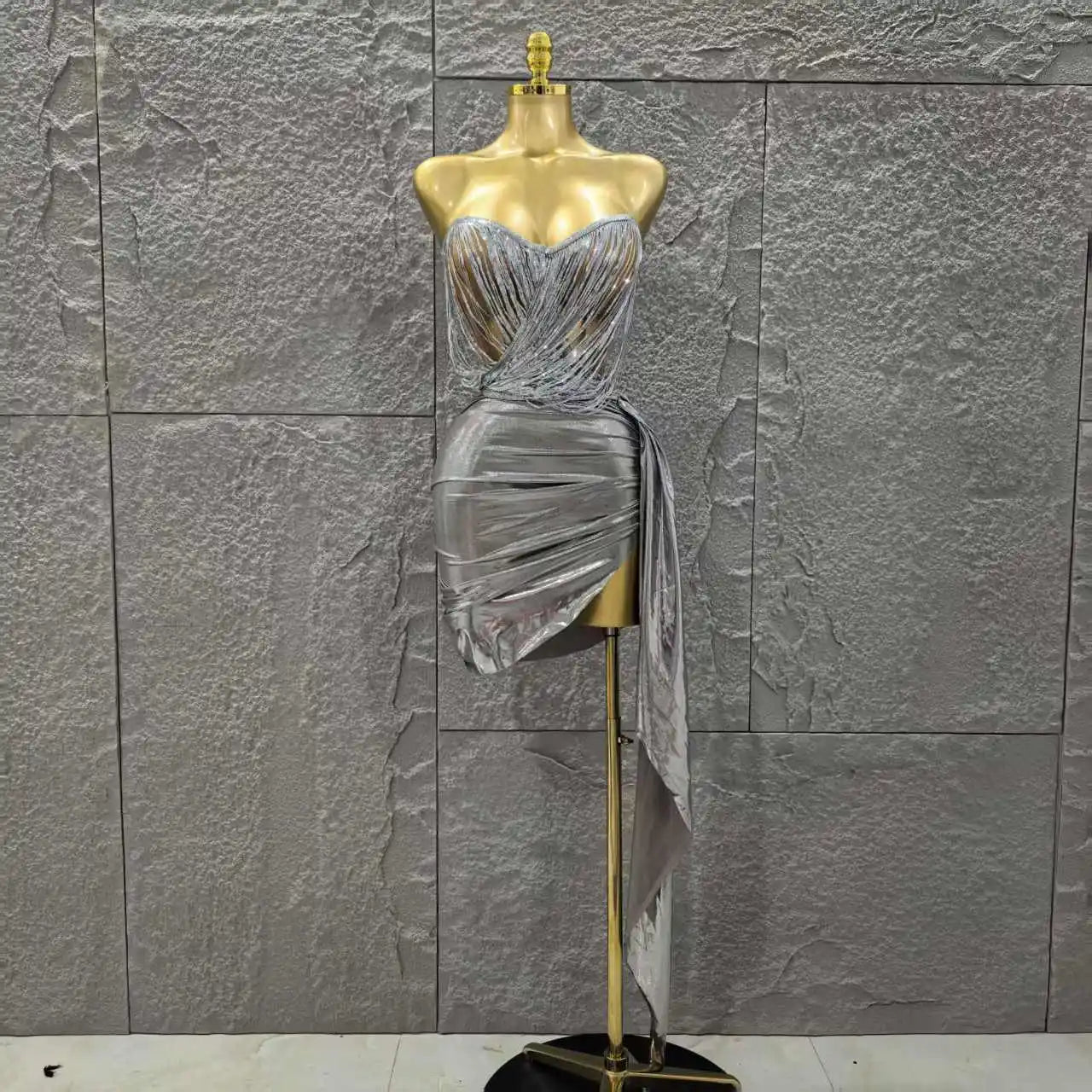 Silver Color Women Sexy Strapless Tassels 2 Pieces Bodycon Mini Dress Nightclub Party Bar Singer Celebrate Performance Costume GRAY