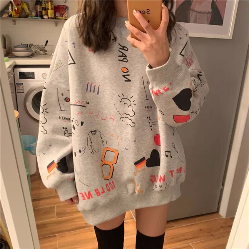 Women Sweatshirts Graffiti Pullover Tops Loose Long Sleeves Female Fashion Streetwear 2024 Autumn Winter Casual Hoodies gray