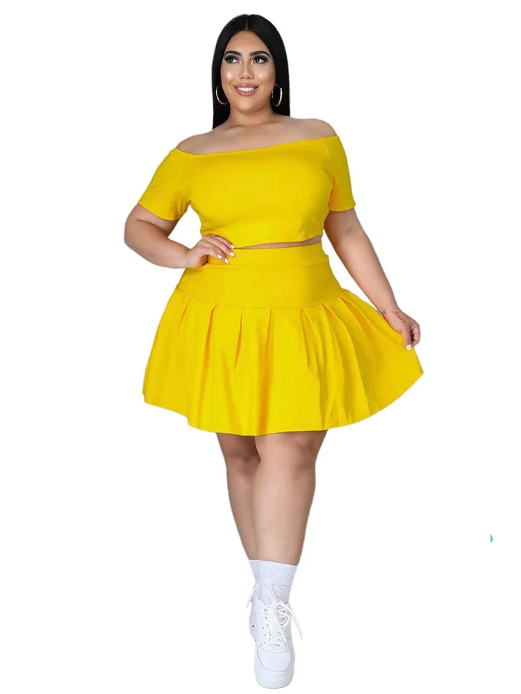5xl Plus Size Women Clothing Wholesale Summer Outfits Crop Tops and Pleated Skirt Tracksuit Sweet Dress Suits Dropshipping Yellow