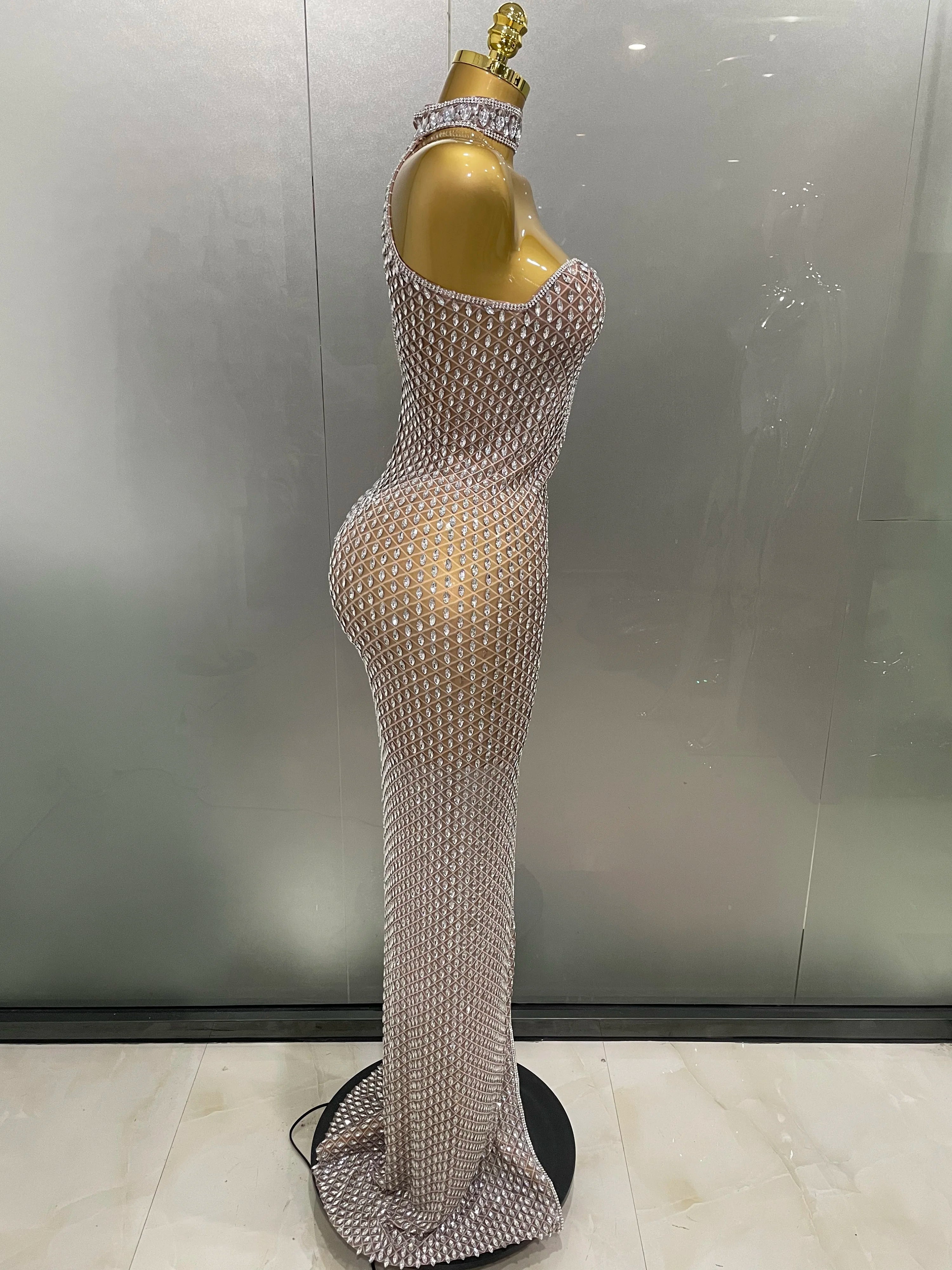 2025 Luxurious Full Rhinestones Mesh Transparent long dress Women Birthday Celebrate Evening Prom Dress party Club Stage Costume