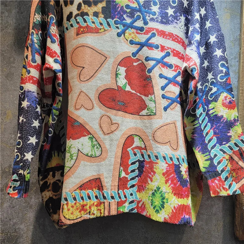 Autumn Winter New Printed Contrast Color Loose Round Neck Knitted Sweater For Women Versatile Pullover Trendy 11A07723