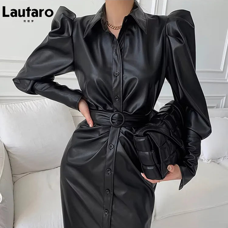Lautaro Spring Autumn Long Fitted Soft Black Stretchy Pu Leather Shirt Dress Women Puff Sleeve Elegant Luxury Designer Clothes