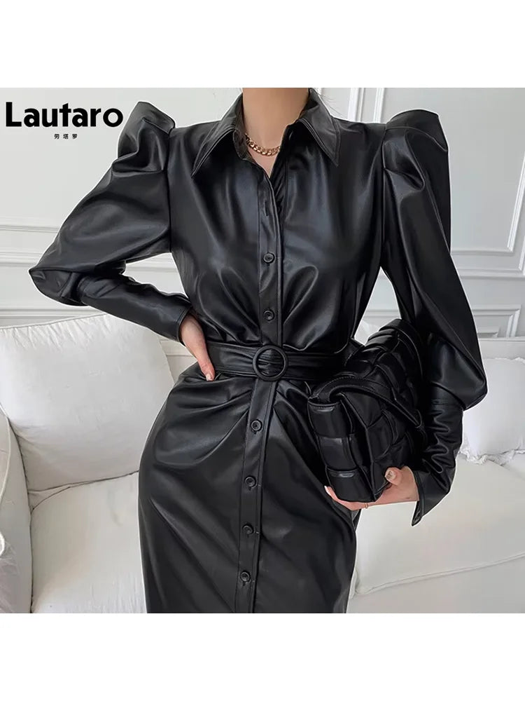 Lautaro Spring Autumn Long Fitted Soft Black Stretchy Pu Leather Shirt Dress Women Puff Sleeve Elegant Luxury Designer Clothes