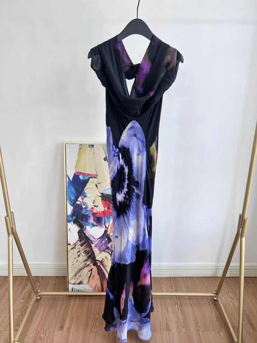 Women New Halo Dye Positioning Print Sexy Backless Hanging Neck V-neck Holiday Wear Maxi Dress for Women