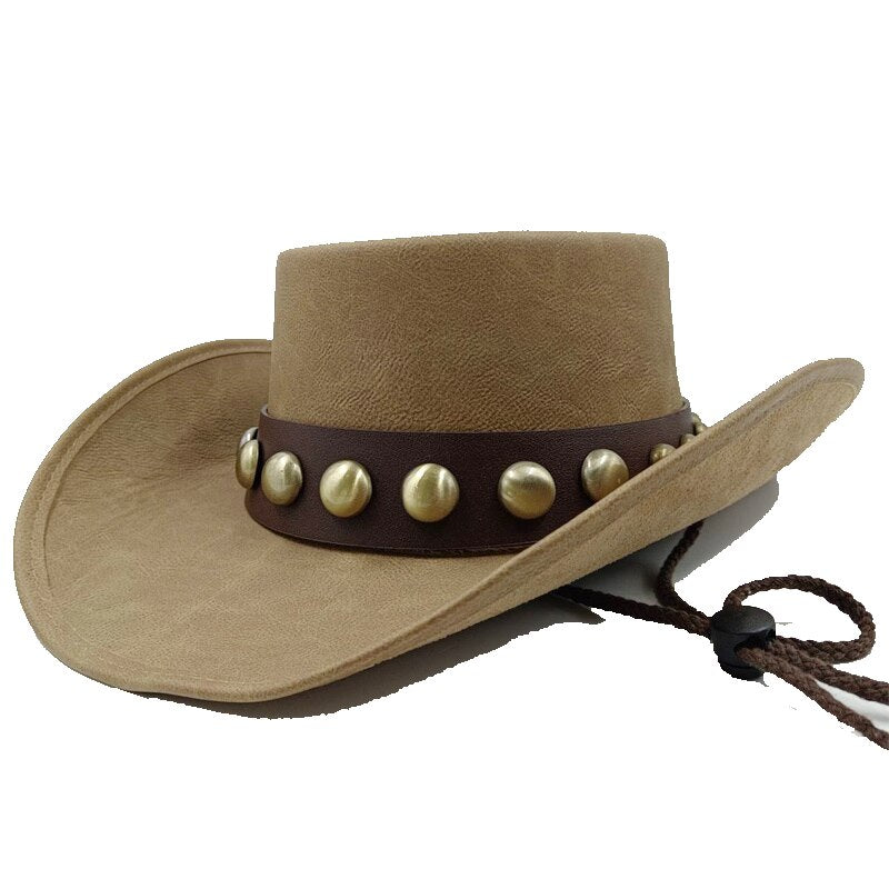 Retro Unisex Vintage Wide Brim Leather Cowboy Cowgirl Western Hat With Tassel Braid Leather Band Size 58-59CM 2 56-58cm