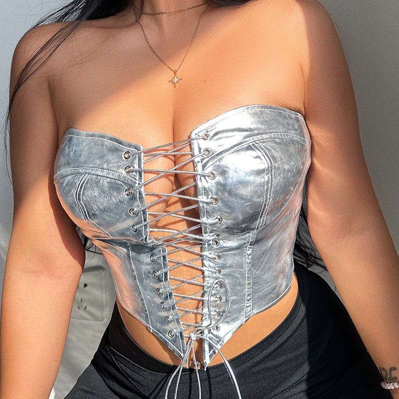 Sexy Women Shiny Gold Silver Bustier Crop Tops Bright PU Leather Crown Girdle Slimming Waist Strapless Low-cut Corset Top Summer