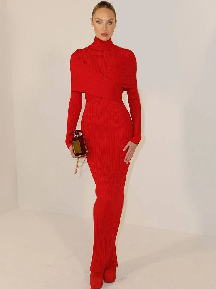 Red Jacquard Bandage Long Dress Turtle Neck Cross Design knitted Slim Fit Shawl Style Long Sleeves Pleated Evening Gown