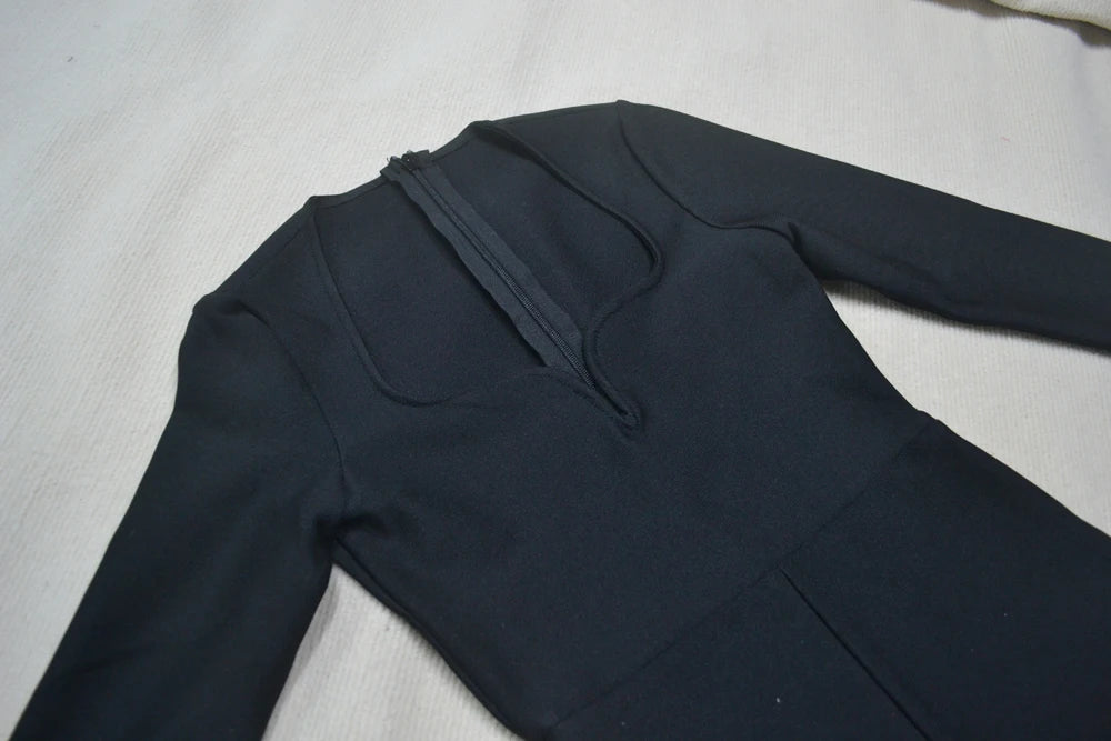 2025 New Women'S Bandage Pencil Jumpsuit V-Neck Long Sleeved Tight Black Waistband Design+Jumpsuit Evening Party Jumpsuit