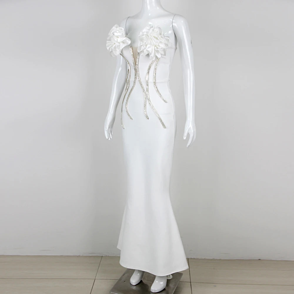 2024 Women Sexy Off the Shoulder Flowers Chain Line Bodycon Bandage Long Dress Celebrate Elegant Evening Party Dress