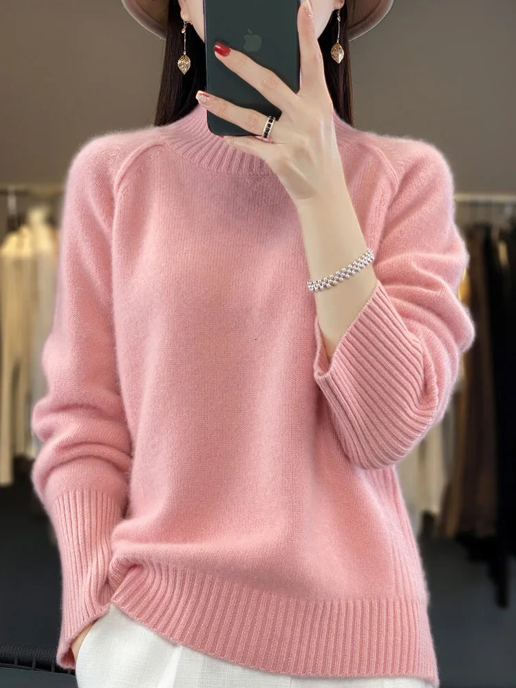 Women Turtleneck Sweater Autumn Winter Basic Pullover 100% Merino Wool Long Sleeves Cashmere Knitted Jumper Female Clothing Tops Pink