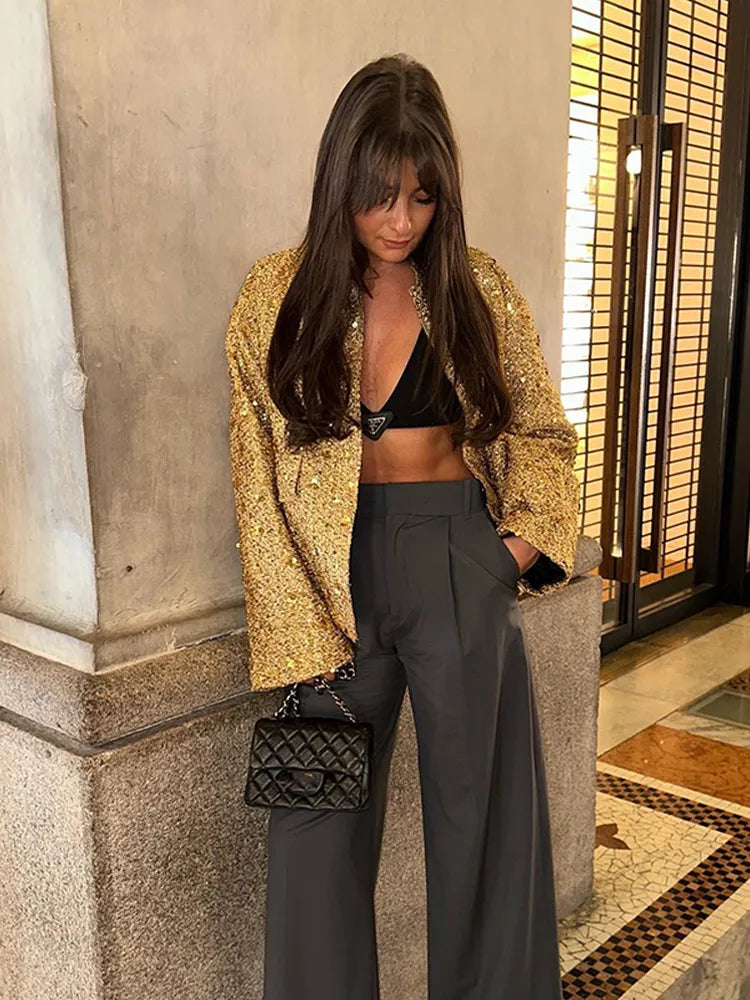 Sequin Women Coat Gold Long Sleeve Stand Collar Gold Female Jacket Autumn Winter Fashion Single Breasted Party Lady Outwear