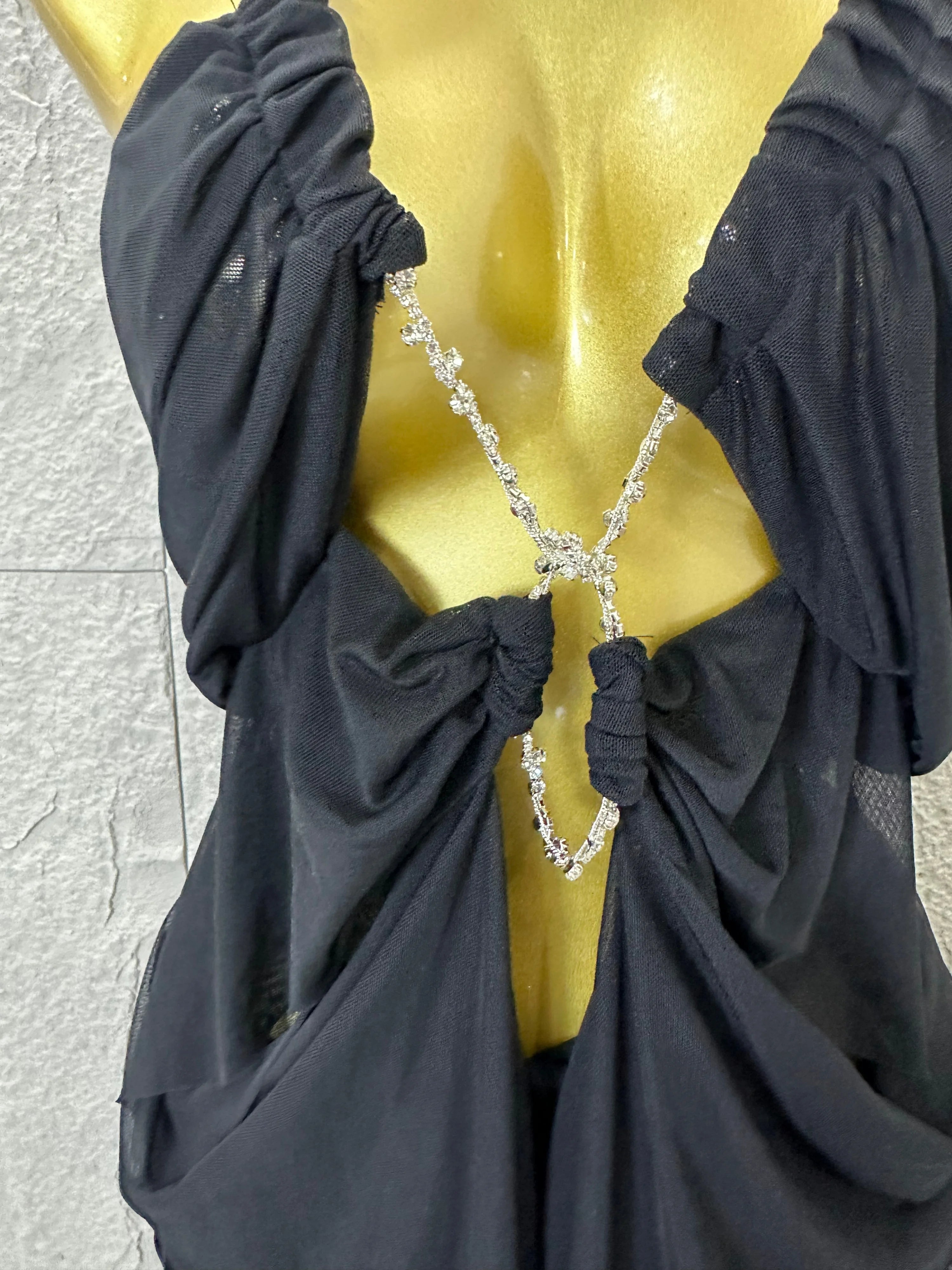 Sexy Halter Neck Maxi Dress Crystal Chain Cutout Ruched Women Sheer Mesh Form Outfit Glamorous Evening Gala Party Costume
