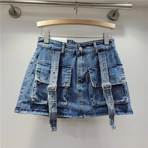Retro Pink Large Pocket Denim Suit Spring Summer Sleeveless Short Vest High Waist Hip Wrapped Skirt 2 Pieces Sets Women Outfits Blue skirt