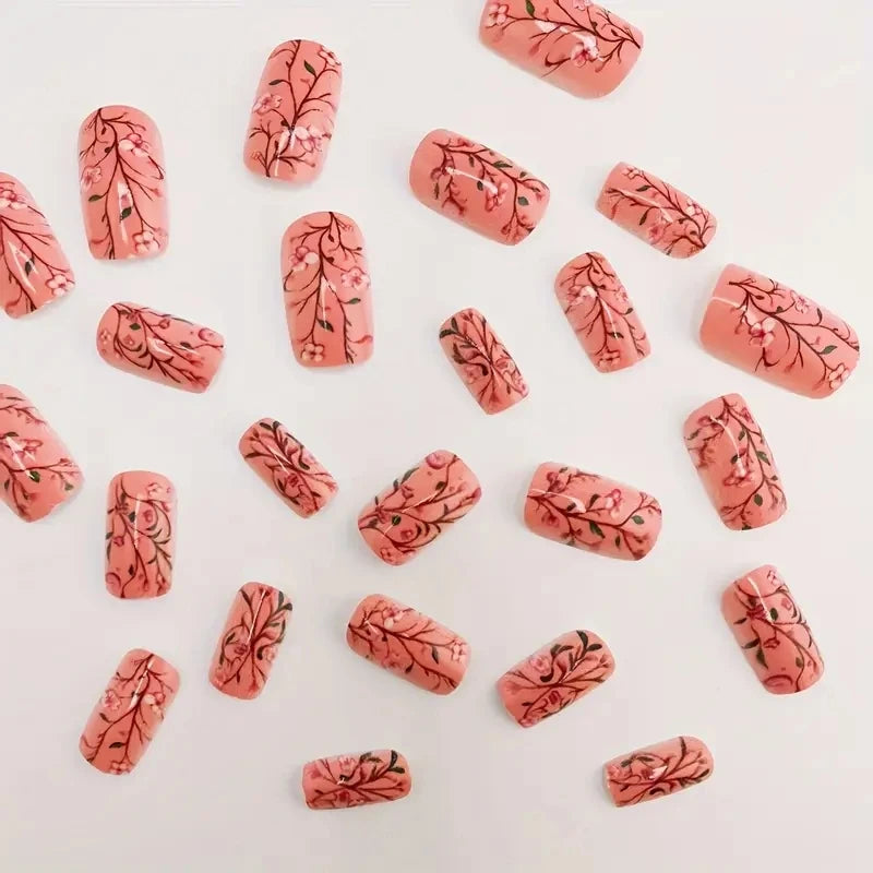 24 pieces of nail art wearing armor, designed with press on fake nail pieces, colorful flowers and plants