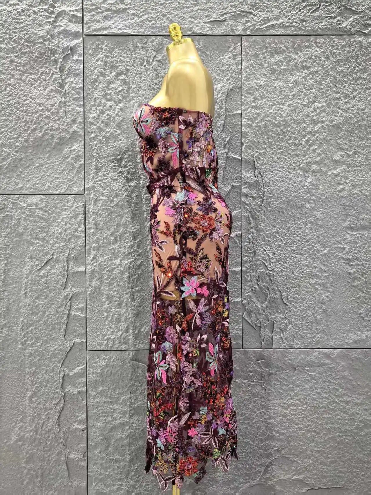 Top Quality Women Sexy Strapless Embroidery Florals Bodycon Long Dress Elegant Evening Party Cocktail Fashion Girls' Outfit