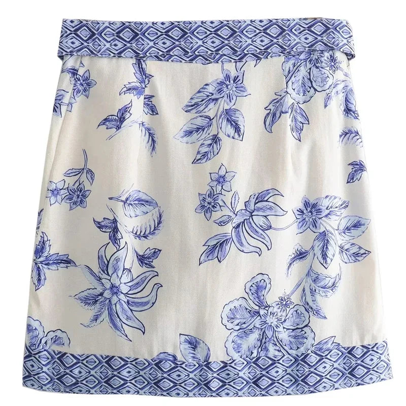 TRAF Mini Bow Skirts Women's Skirt Summer Print Mid Waist Coquette Floral Skirts Y2k Skirt All-Match Street Ladies Skirts