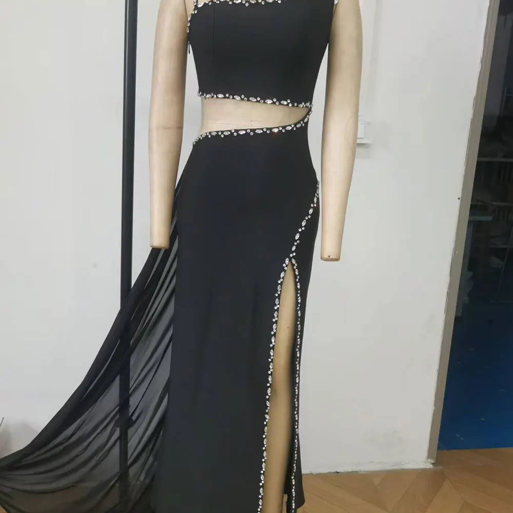 2025 Sexy Women's Light Luxury Water Diamond Waist Long Bandage Dress Sleeveless Bodycon Maxi Dress Evening Club Party Vestidos black
