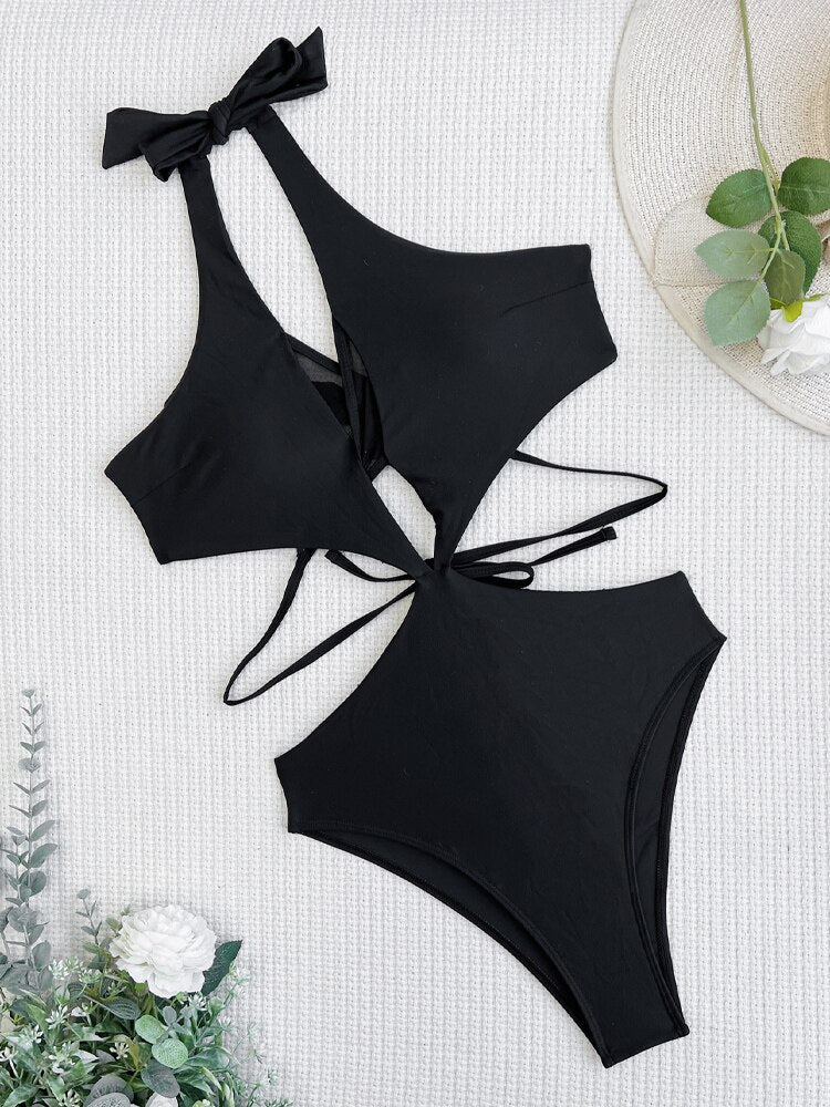 Sexy Black Halter Swimwear - Mesh Hollow Push UP One Piece Swimsuit Monokini Backless Cross Bathing Suit