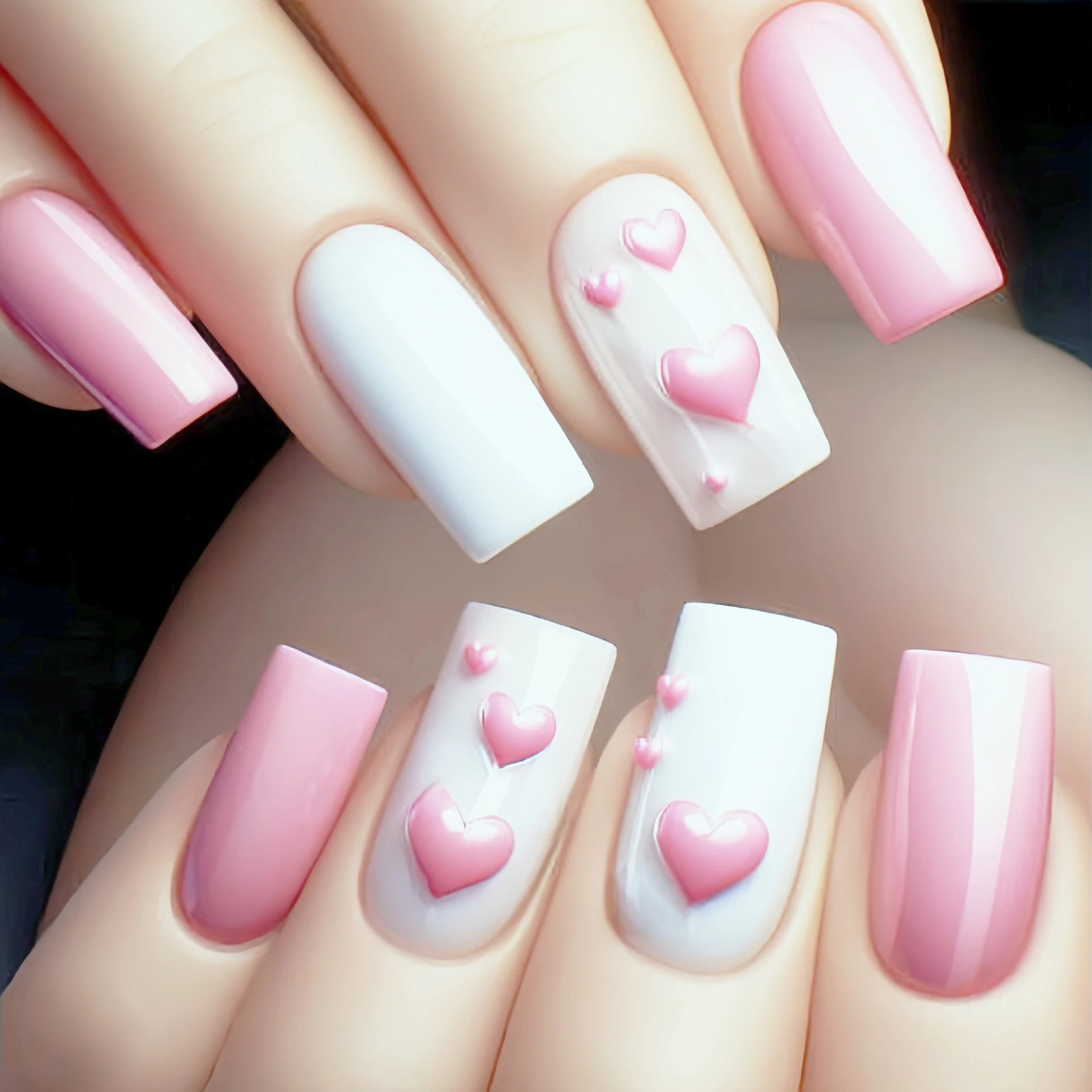 24pcs/set medium long fake nails for women cute gradient pink red heart rose flowers for Valentine's Day press on acrylic nails 1768