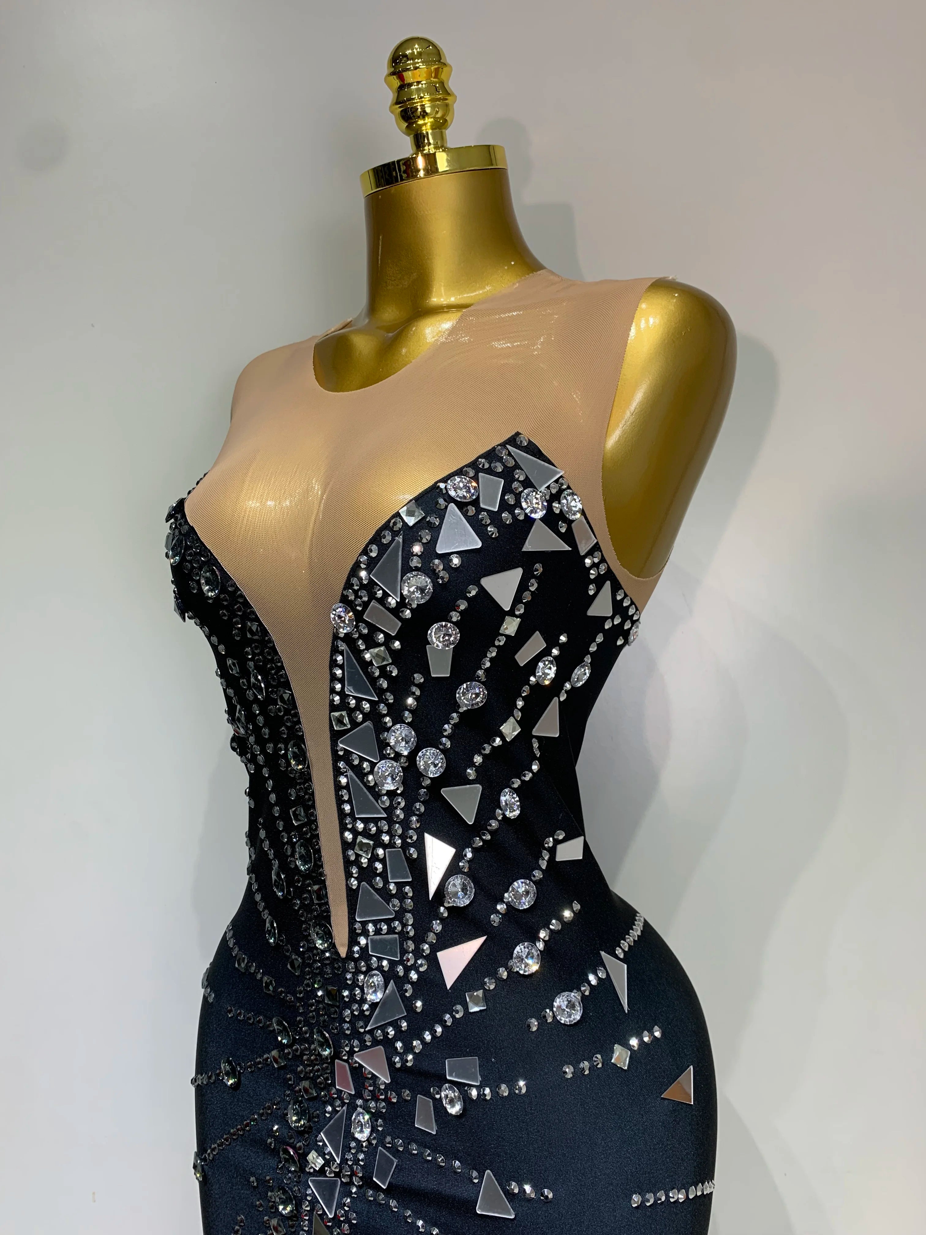 Black bowknot Lens Patchwork Dress Rhinestones Dress Women Party Long Dress Celebrate Evening Prom Dress Stage Festival Outfit