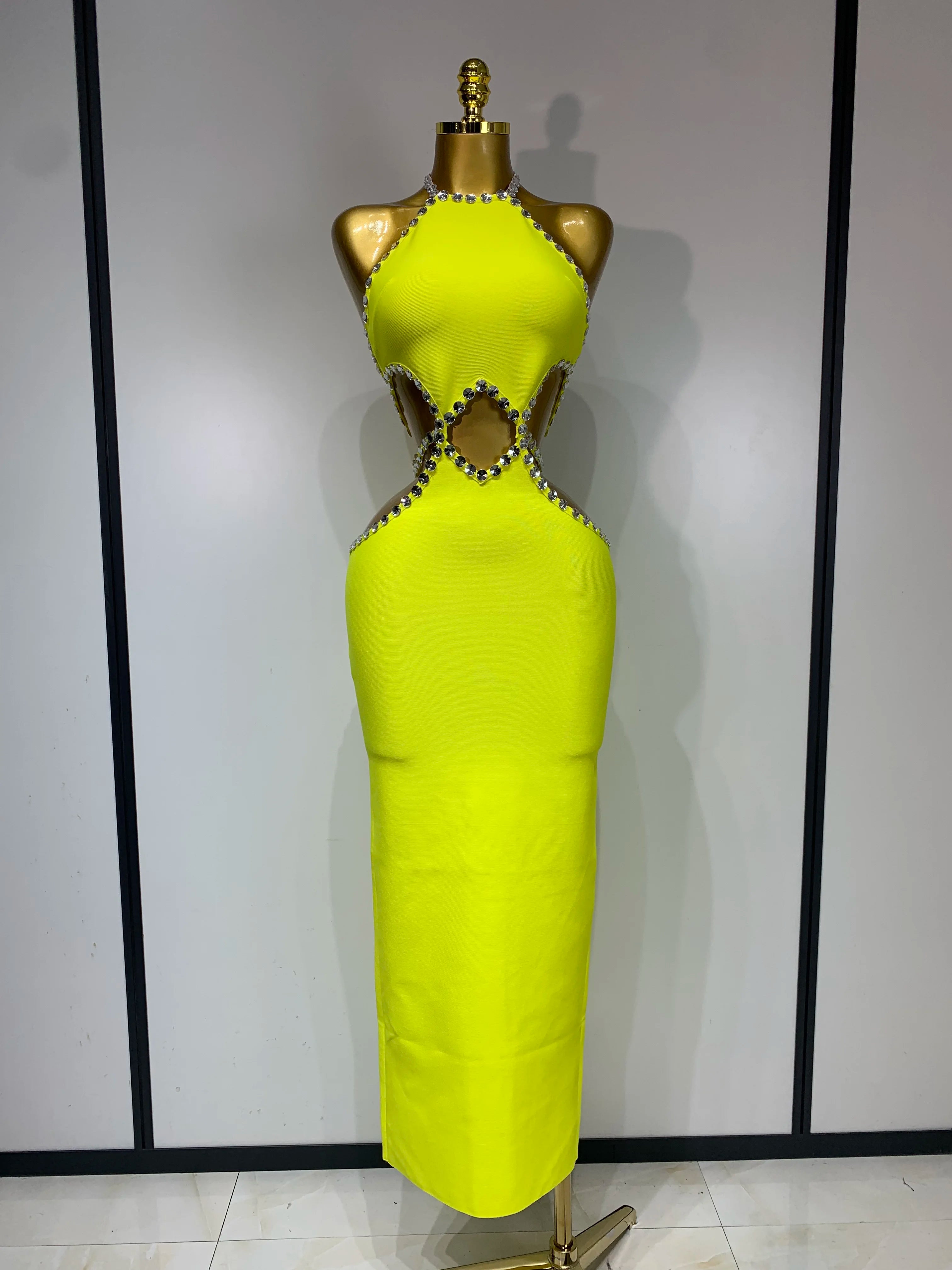 Women Luxury Sexy Backless Halter Beading Maxi Long Lemon Yellow Bandage Dress 2025 Elegant Evening Club Birthday Party Dress Yellow