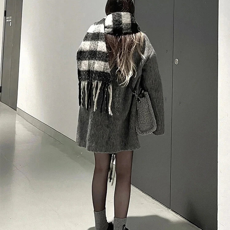 Lautaro Autumn Winter Grey Black Warm Soft Woolen Blazer Women Long Sleeve Single Breasted Korean Fashion New in Coats & Jackets
