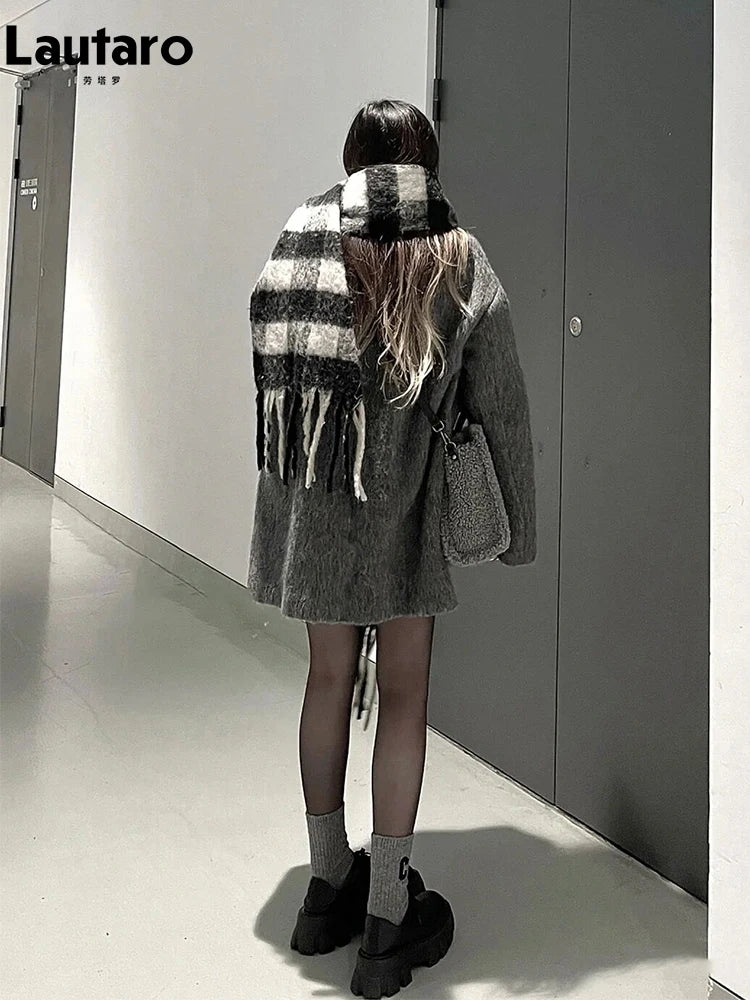 Lautaro Autumn Winter Grey Black Warm Soft Woolen Blazer Women Long Sleeve Single Breasted Korean Fashion New in Coats & Jackets