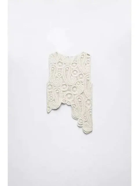 Crochet O Neck Hollow Out Skirt Set Women Chic Hook Flower Sleeveless Top Irregular Skirt Suit Spring Lady Elegant Outfit Top