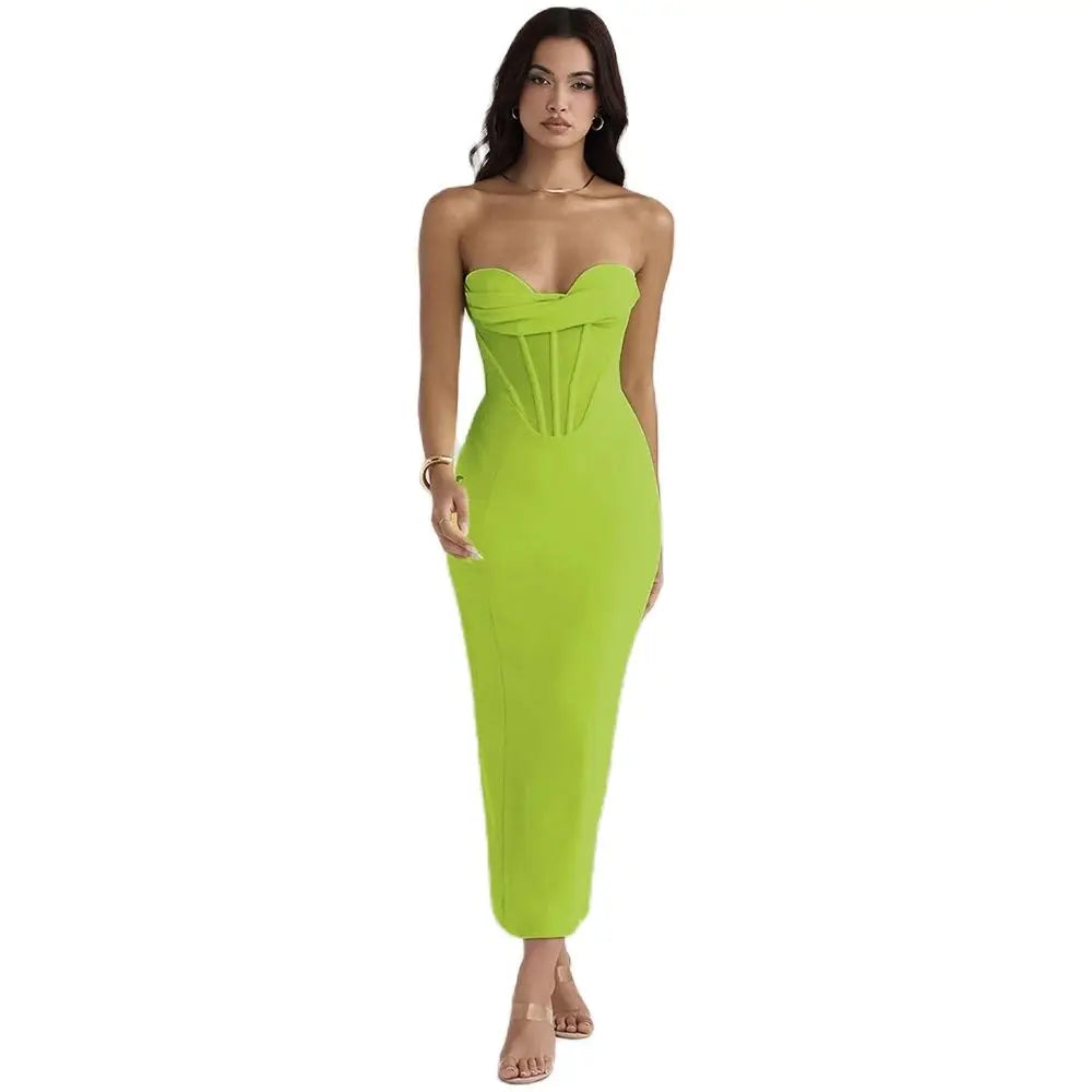 Elegant Women Strapless Bandage Dress Sexy Draped Bodycon Clothing Club Party Midi Dresses green