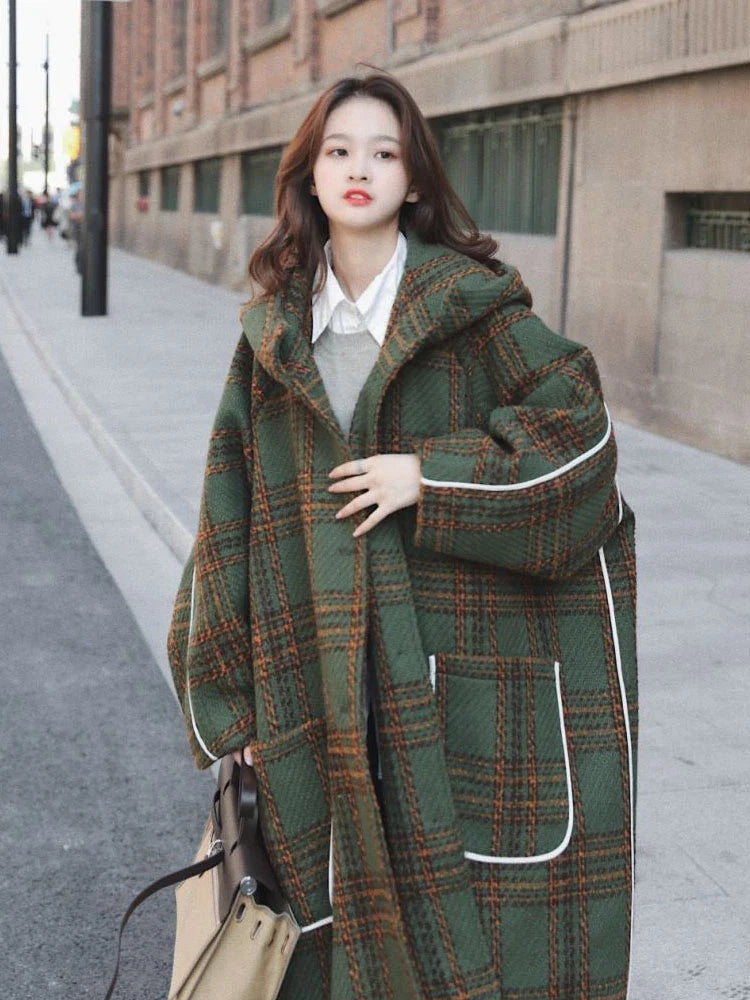 Autumn Winter Long Oversized Warm White Patchwork Plaid Wool Blends Trench Coats Women with Hood Runway Korean Fashion Green